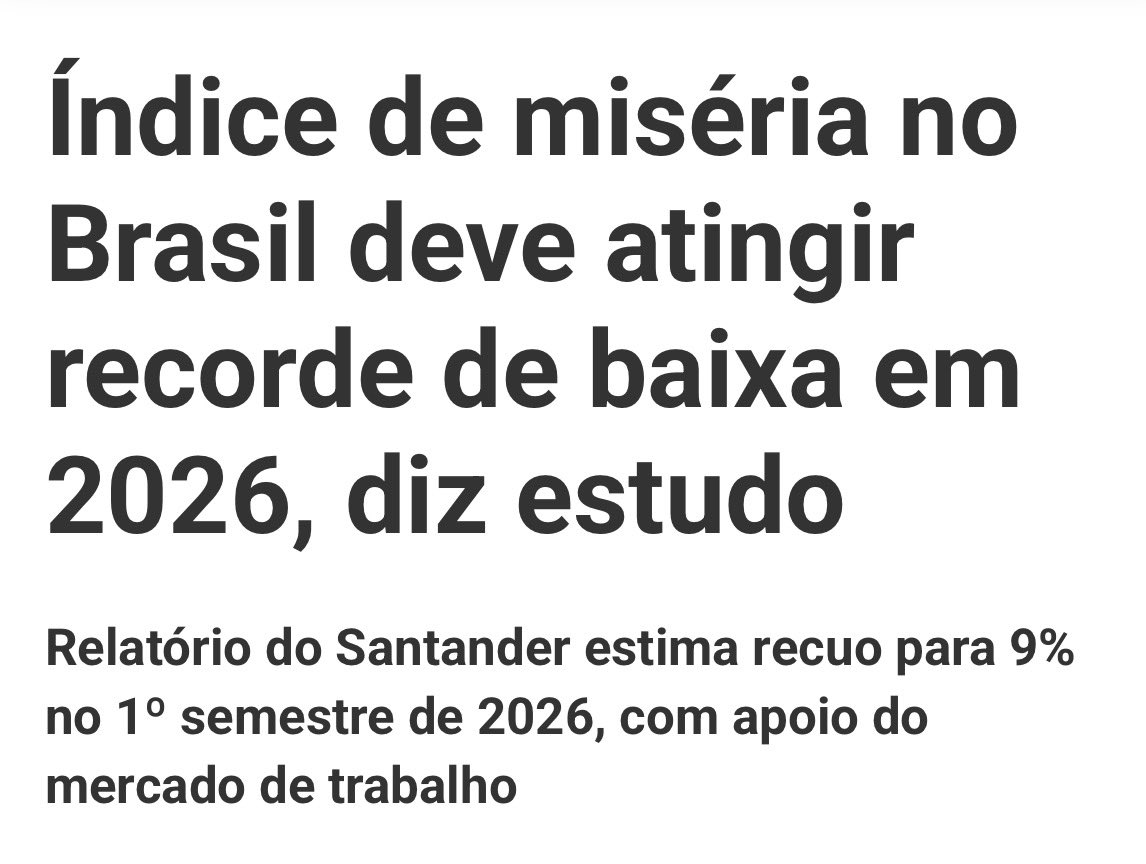 Prova de que o Brasil está no caminho certo: o índice de miséria deve atingir a menor taxa em 2026. Enquanto alguns duvidavam, os números mostram a verdade: com compromisso com o povo a gente reduz a miséria, gera emprego e devolve dignidade a quem mais precisa."