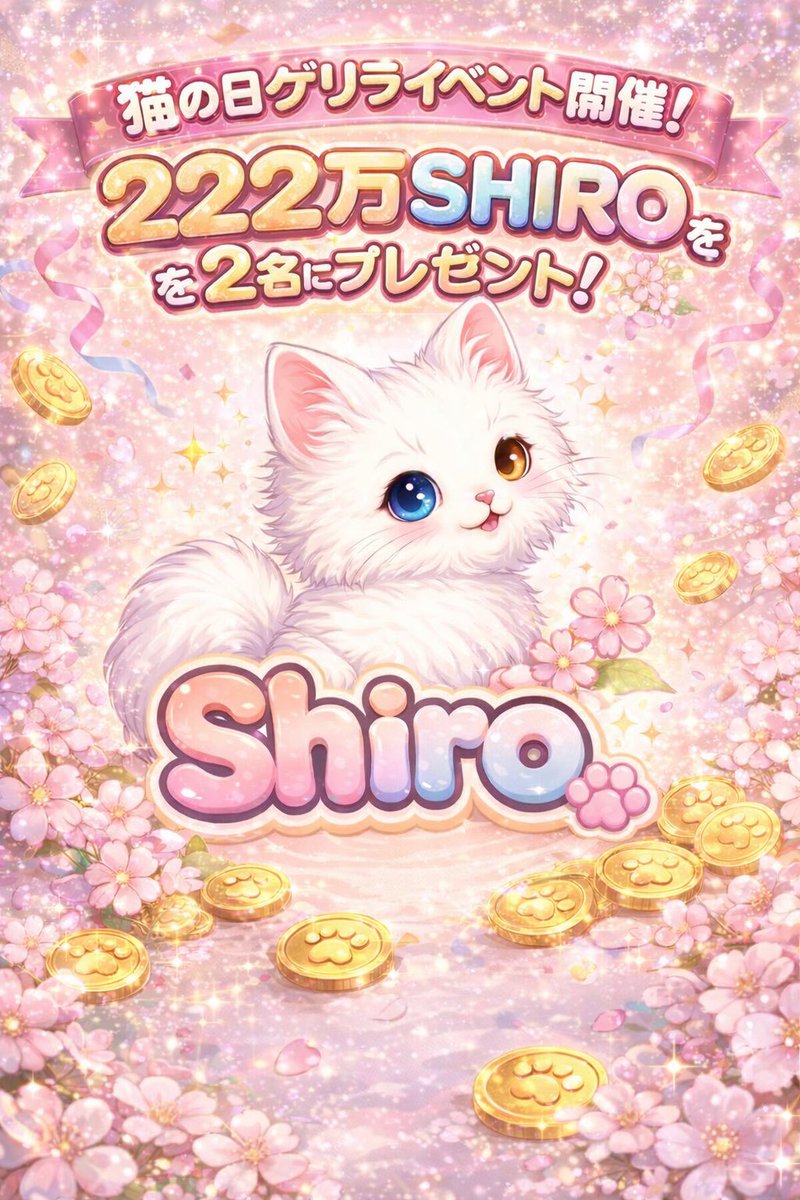 🌸🐾 2月22日・猫の日記念ゲリライベント開催！ 🐾🌸

本日、猫の日を記念して
$SHIRO からのゲリライベントを開催します！！🎉

テレグラム内で
📸 自慢の猫ちゃんの写真を投稿してくれた方の中から
抽選で2名様に 222万枚の $SHIRO をプレゼント 🎁✨

今回は「猫の日」特別企画ということで