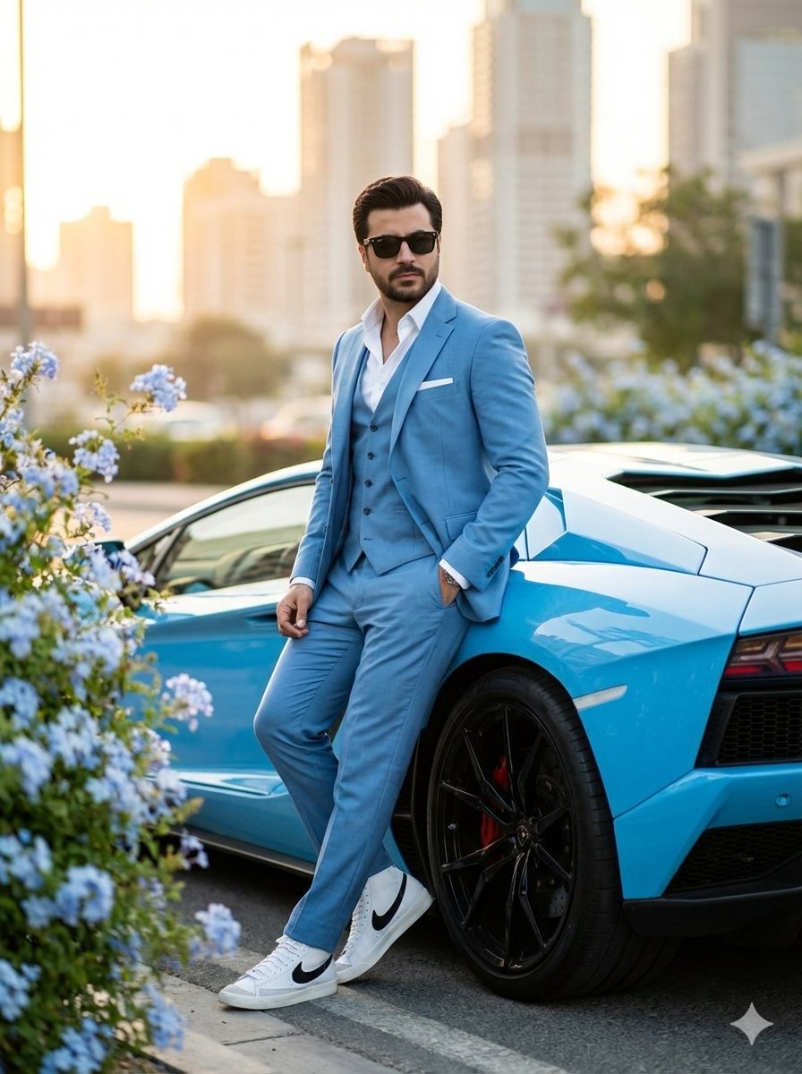 Image on Gimini Nano banana pro  
 
A full-body shot of a sharp, well-groomed man with dark hair and a beard, wearing a tailored light-blue three-piece suit, a crisp white open-collar shirt, and dark sunglasses. He is leaning confidently against a bright cyan-blue Lamborghini Aventador. He is wearing white high-top Nike Blazer sneakers with a black swoosh. The scene is set on a city street at sunset with a soft-focus background of skyscrapers and golden sunlight. In the foreground, there are clusters of light blue hydrangea flowers. High-resolution, cinematic lighting, fashion photography style.