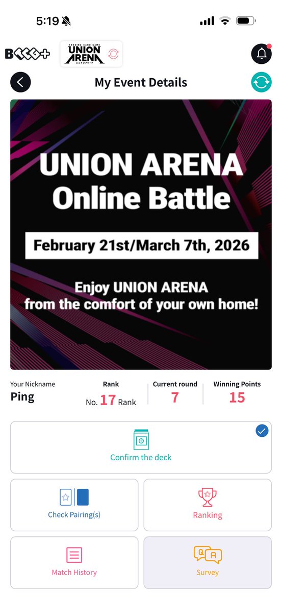 17/114 at the 1st Official Union Arena Online Regional! Haven’t been able to practice much because of work/working on myself in my personal life but I am very happy with my result. Can’t wait for another chance to play at a high level like this again #UNIONARENA  #UNIONARENA_EN
