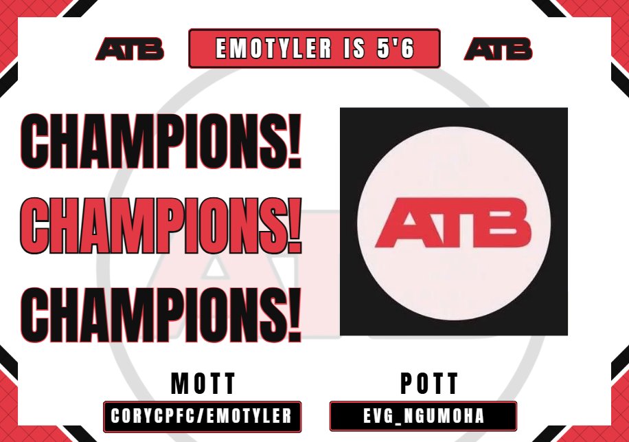 ATBProClubs's tweet photo. 🏆| ATB RESULTS!🏆 
📅| Date: 21/02/26
⚽️| Size: 28 Teams (Side B)
 ————————— 
🥇- EmoTyler is 5'6
🥈- Rampant

🏁- Score - 4-2

👔MOTT - corycpfc / EmoTyler
⭐️POTT - EvG_Ngumoha
————————-
Thanks once again to all who participated!
#ATB #FC26 #eSports #11v11 #proclubs https://t.co/KTLieoH5QJ