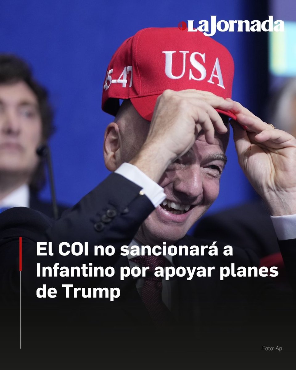 El COI no sancionará a Infantino por apoyar planes de #Trump  🇺🇸

Trump organizó el jueves el acto de presentación de la Junta de Paz en Washington DC, donde Infantino no sólo firmó un acuerdo en nombre de la FIFA, con el que recaudará 75 millones de dólares para la creación de