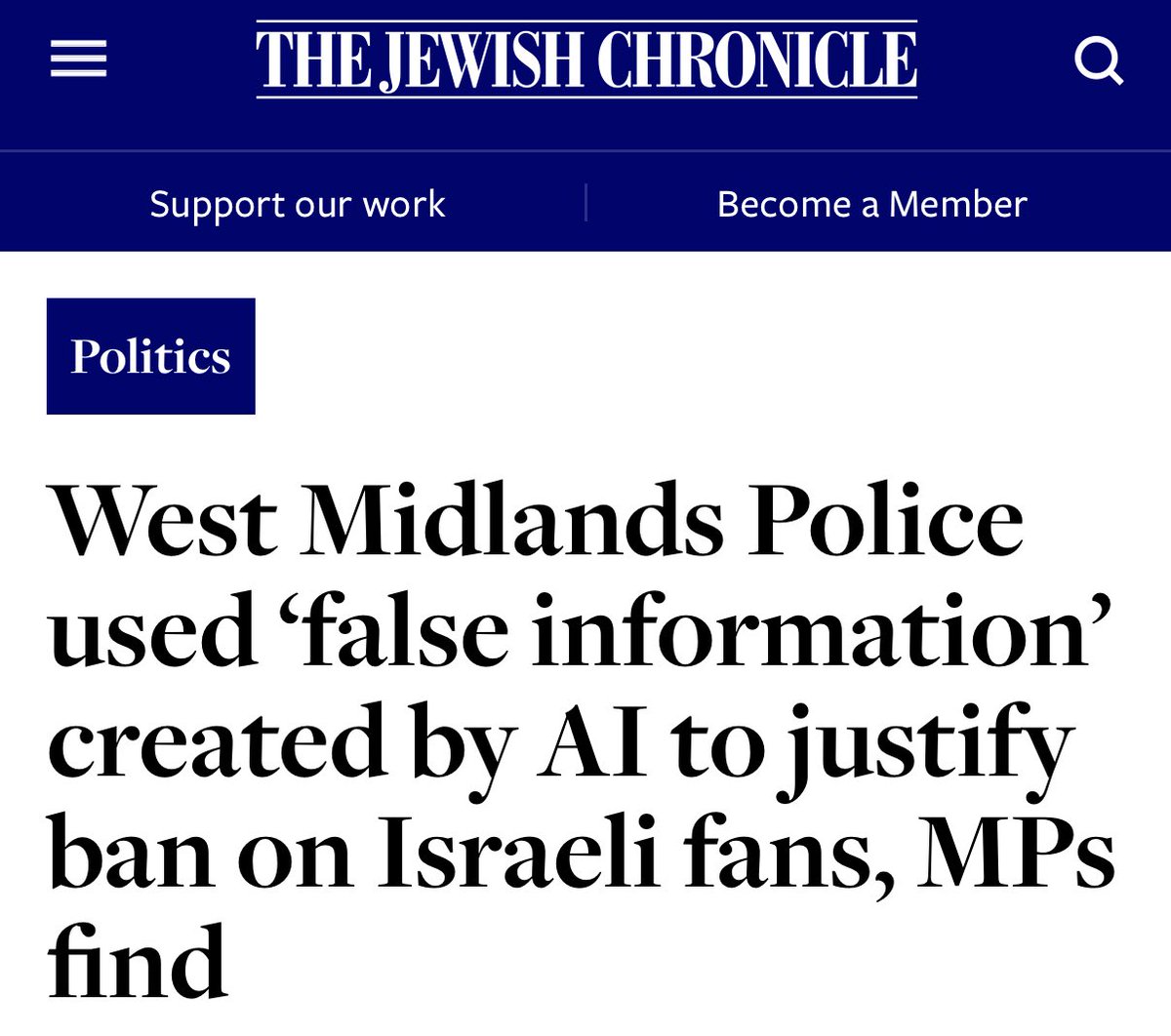 EYakoby's tweet image. BREAKING: West Midlands Police used ‘false information’ created by AI to justify ban on Israeli fans.

Unbelievable.