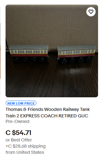 No_Samah_24's tweet photo. I've seen a lot of people talk about how people in this fandom have moved away from doing Thomas content &amp; videos with their wooden trains or toys

These prices are why. https://t.co/hsybt0B8fn