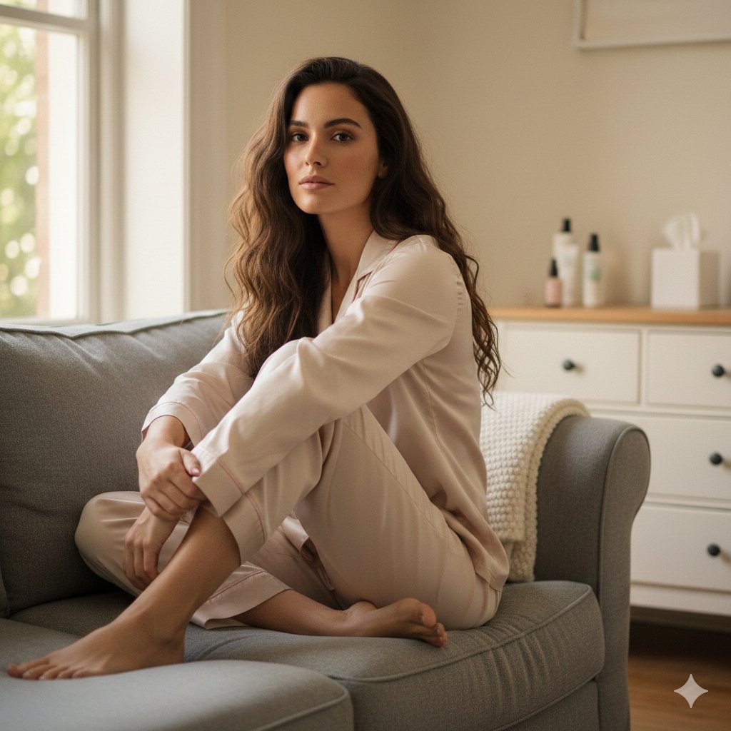 Gemni Nano Banana 🍌 

Ultra-realistic lifestyle portrait of a beautiful woman sitting casually on a gray sofa in a cozy bedroom, natural window light, soft neutral color palette. She has long dark wavy hair, minimal makeup, natural glowing skin, calm confident expression, direct eye contact with camera. She is wearing light beige satin pajamas with subtle pink trim, relaxed fit. Sitting with one knee pulled up and arms gently wrapped around her leg. Barefoot, natural pose, intimate candid vibe. Background includes white dresser with small skincare bottles and tissue box on top, cream-colored walls, soft indoor daylight. Warm tones, soft shadows, shallow depth of field, 50mm lens, f/2.0, realistic skin texture, editorial lifestyle photography, high resolution, photorealistic, cinematic yet natural look.