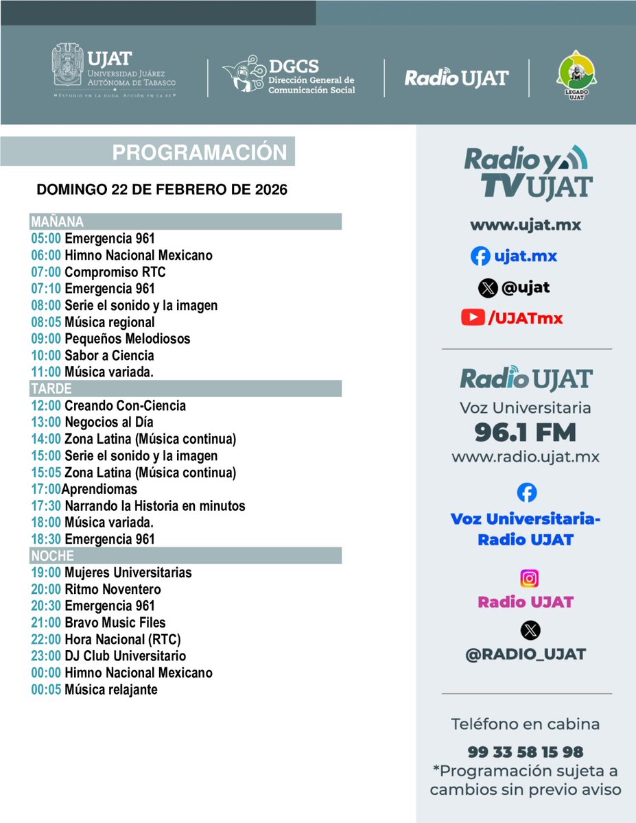 📡 Disfruta la programación dominical de Radio UJAT.
Información, cultura y la mejor música en el 96.1 FM.