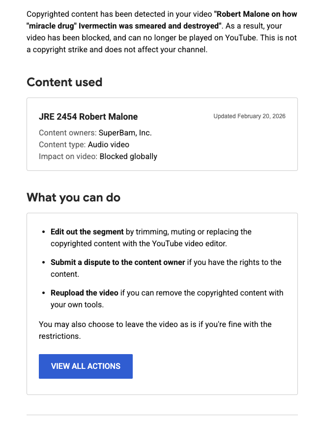 1. Does SuperBam, Inc. actually control the IP of the <a href="/joerogan/">Joe Rogan</a> Experience?
2. Why'd <a href="/YouTube/">YouTube</a>  ban this clip and not another one about Coca-Cola from the same <a href="/RWMaloneMD/">Robert W Malone, MD</a> JRE podcast?
#censorship #freespech