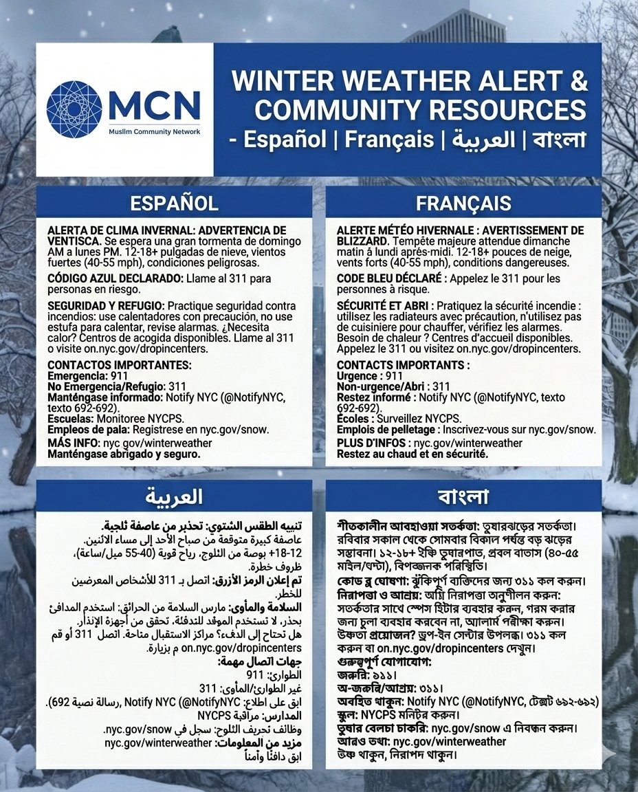 NYC Winter Weather Alert (Sun–Mon) ❄️
Powered by <a href="/NotifyNYC/">NYCEM - Notify NYC</a> and <a href="/nycemergencymgt/">NYC Emergency Management</a> 

Heavy snow (12-18+ inches) and gusty winds expected.
Emergency: 911 | Non-emergency/shelter/Code Blue: 311

Sign up for official alerts: a858-nycnotify.nyc.gov/notifynyc/
Outage map: outagemap.coned.com/external/defau…