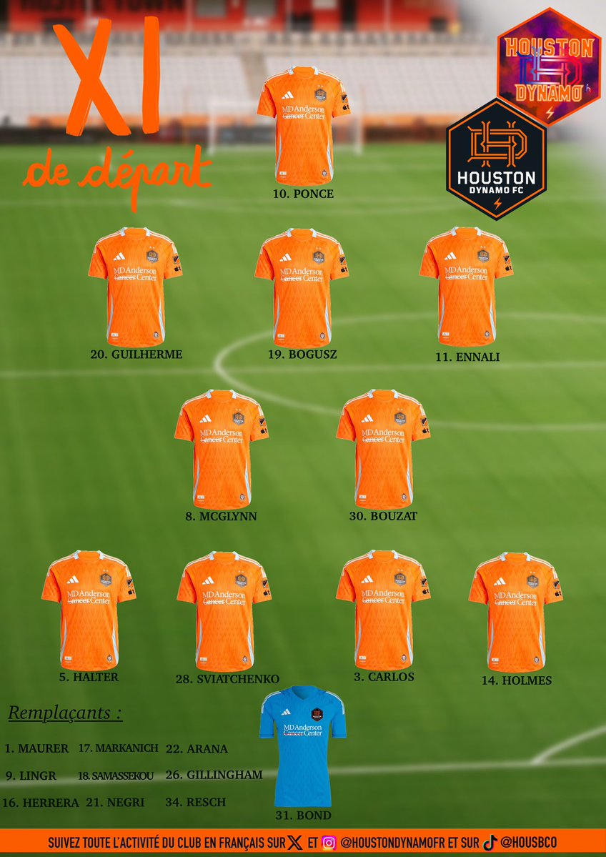 Le premier XI de Houston pour cette saison 2026 !

On part donc avec deux gardiens sur le banc, et Holmes arrière droit. Sinon tout va bien ! 

À noter la présence sur le banc de Matthew Arana, plus jeune joueur à signer un contrat avec le Dynamo ! (Il a signé aujourd’hui.)

Et