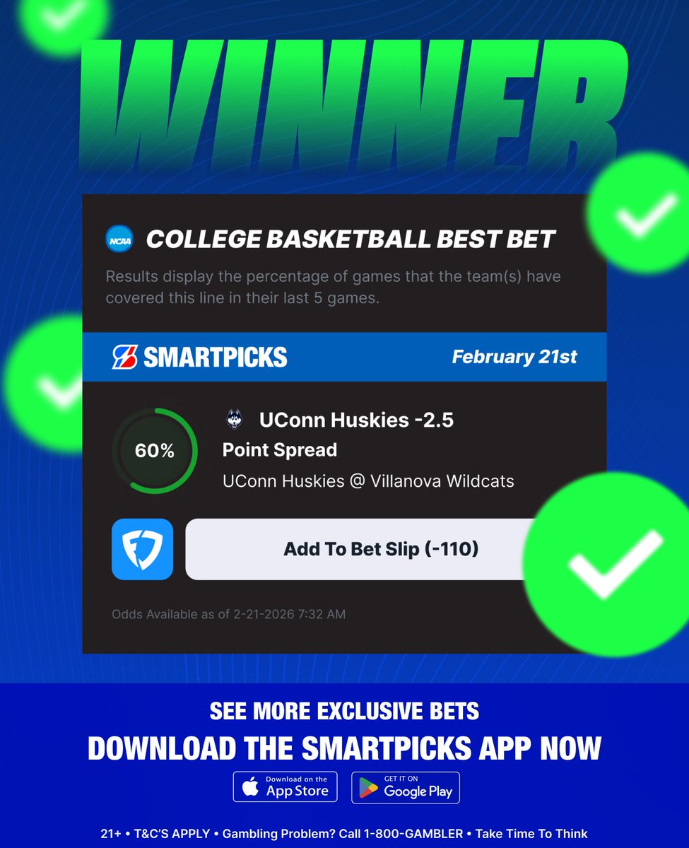 flashpicks's tweet image. CASH IT!! 💰

Shoutout to UConn and @SmartPicksPro for the sweat free winner! 💪

Hit the ❤️ if you tailed!