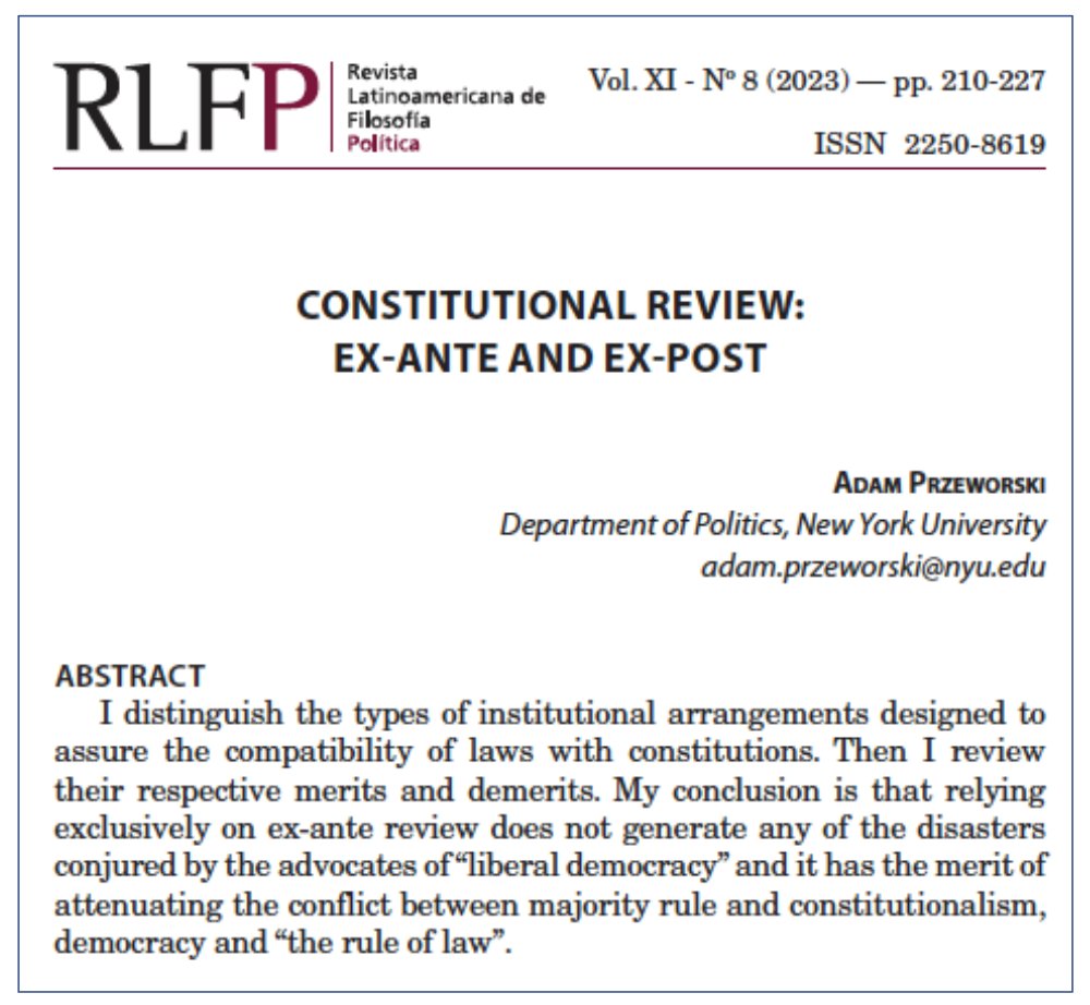 Democracy and Constitutionalism

In this <a href="/RLFPolitica/">Revista Latinoamericana de Filosofía Política</a> article, <a href="/AdamPrzeworski/">Adam Przeworski</a> discusses ex-ante and ex-post modes of constitutional review and argues that ex-ante review attenuates the conflict between majority rule and constitutionalism.

Open Access: rlfp.org.ar/revista/index.…