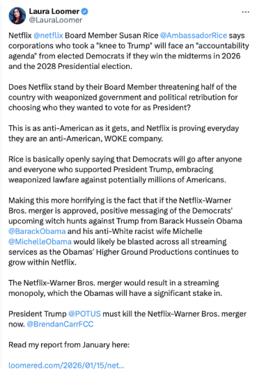 <a href="/qyoake171717/">QQQyoake</a> トランプ大統領の投稿

Netflix は、人種差別的でトランプ嫌悪に取りつかれたスーザン・ライスを即刻解雇すべきだ。さもなければ代償を払うことになる。彼女には才能も技能もなく、完全に政治的な御用人間だ！