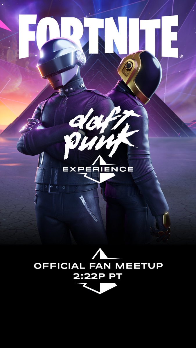 Tomorrow is 5 years since Daft Punk disbanded. The official Daft Punk Discord will be hosting a full day of events to celebrate their career! Stop by for listening / watch parties, trivia, &amp; giveaways!

And don't miss the Fortnite x Daft Punk Experience fan meetup @ 2:22 PM PT!