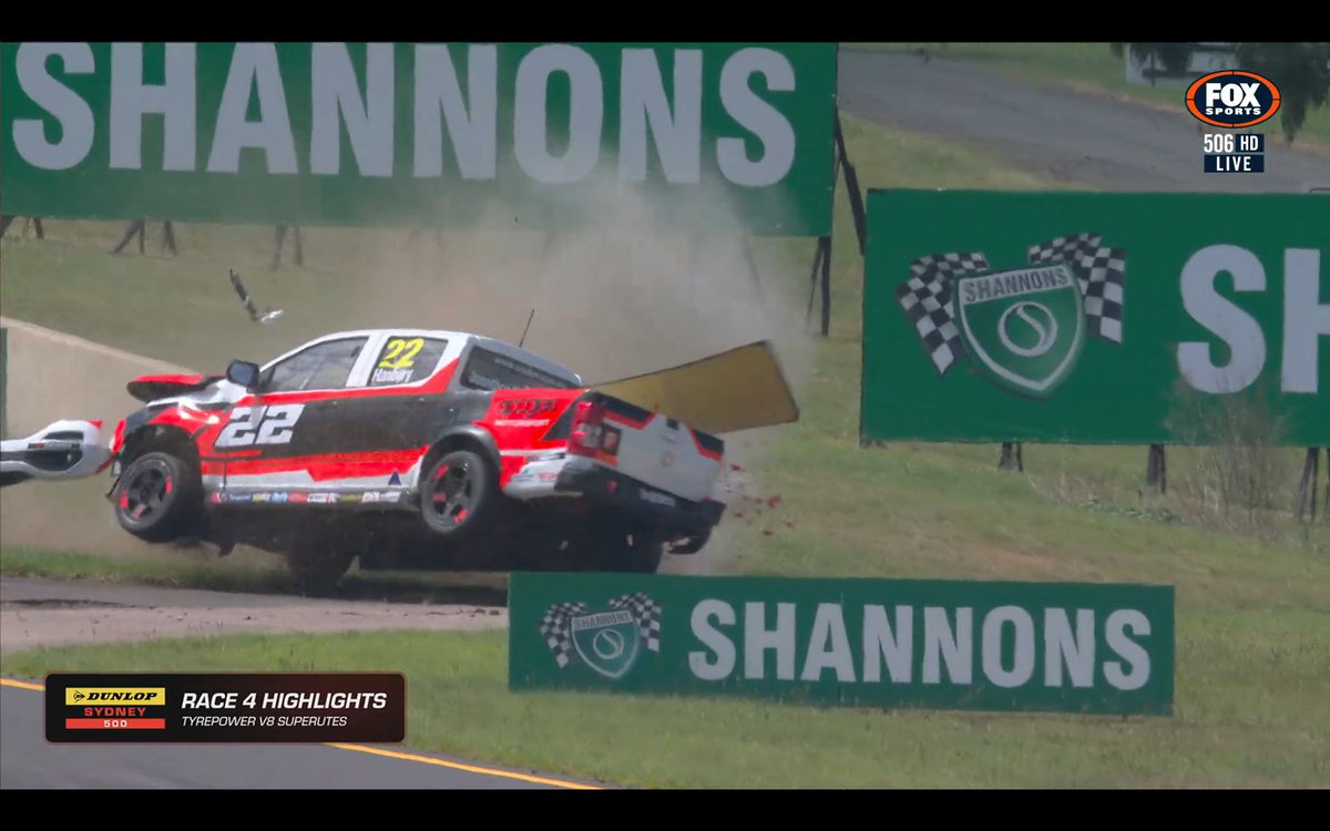 A week on from the ugly scenes at Bathurst, the utes are allowed to keep racing after this massive shunt.

Surprised a hit as big as this didn't immediately bring out the Safety Car for medical to check on the driver who hit exposed concrete.

#Sydney500 #Supercars #RepcoSC