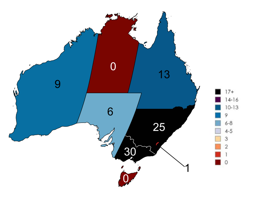 How many cities with a population of 100k+ does each state have?