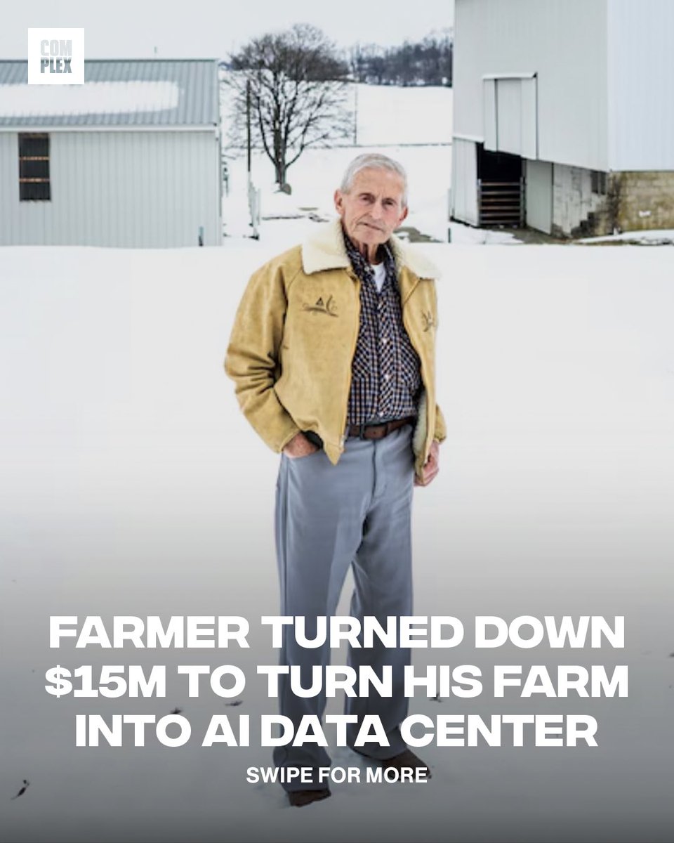 Complex's tweet photo. Farmer turned down $15M to turn his fam into an AI data center 🌾

[via/ PennLive] https://t.co/qsJDYK2fbd