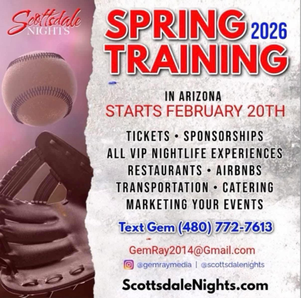 Spring Training 2026 || All VIP Nightlife Experiences | Restaurants | AirBnBs | Transportation | Event Placements | Marketing Your Events || @gemraymedia at 480.772.7613 (Text)
GemRay2014@gmail.com
ScottsdaleNights.com  #ScottsdaleNights