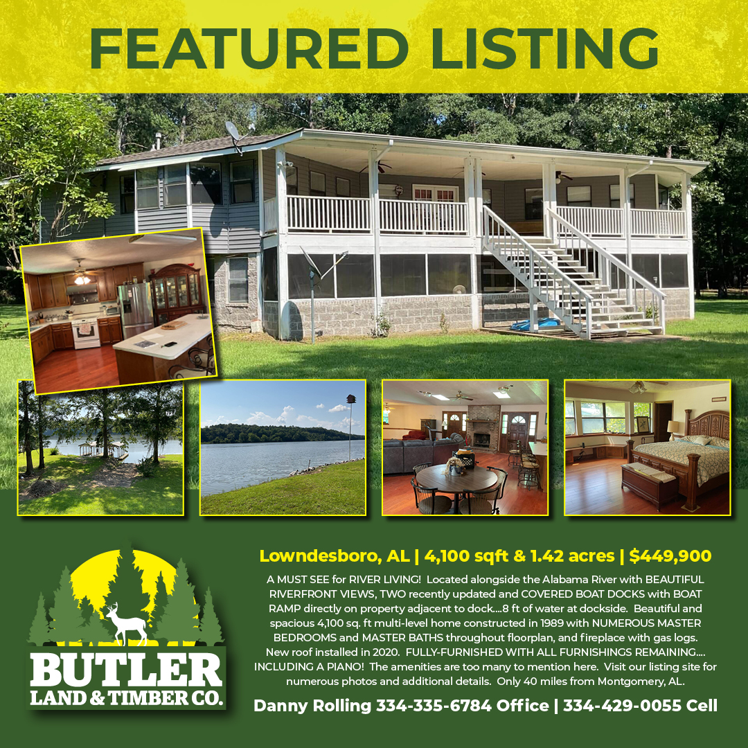 River living on 1.42 acres!  Come see Alabama River House!

butlerlandandtimber.com/properties/ala…

 #CountryLiving #WaterfrontHome #NatureLiving #AlabamaRealEstate #HomeForSale #RiverfrontProperty #AlabamaHomes #RiverHouse #RiverLiving #AlabamaRiver