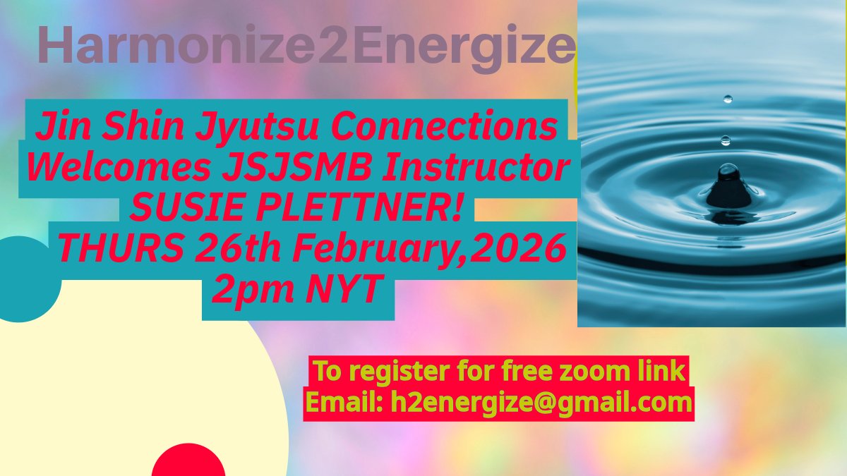 terrymat's tweet photo. I am delighted to host Jin Shin Jyutsu, Spirit Mind Body, Instructor Susie Plettner, for a special presentation on Harmonize2Energize. If you wonder what Jin Shin Jyutsu is, or want to begin your study, this will be an opportunity to ask questions, and experience JSJ first hand https://t.co/E3cKsNFCNU