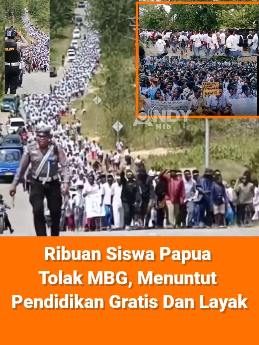 Program MBG Prabowo ditolak ribuan siswa SD, SMP, dan SMA di Papua. Mereka menyuarakan tuntutan agar pemerintah lebih memprioritaskan pendidikan gratis dan layak dibanding sekadar penyediaan makan.

Para pelajar menilai pendidikan yang berkualitas masih menjadi kebutuhan utama.