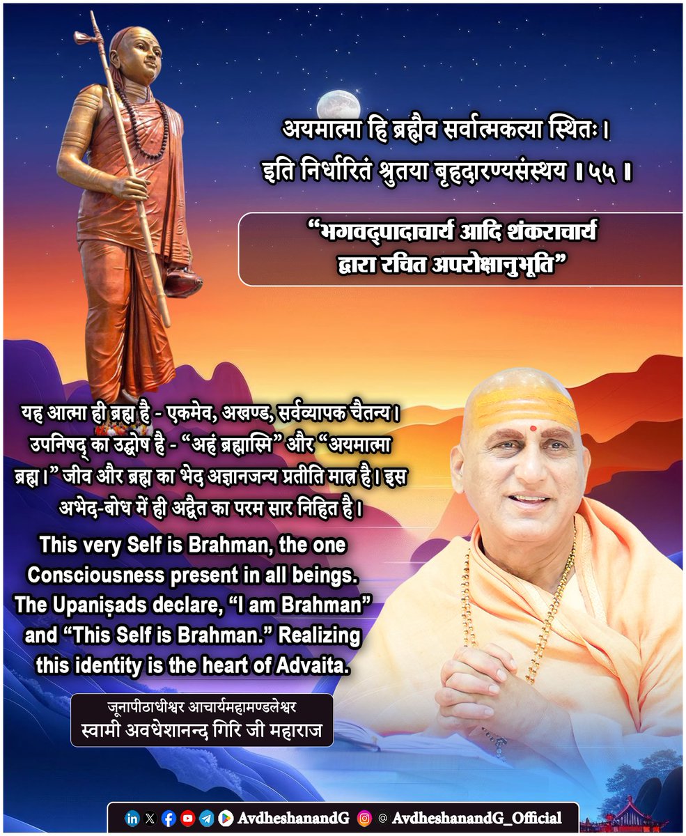 "अपरोक्षानुभूति"
अयमात्मा हि ब्रह्मैव सर्वात्मकत्या स्थितः। 
इति निर्धारितं श्रुतया बृहदारण्यसंस्थय ।।५५।।
   (भगवद्पादाचार्य आदि शंकराचार्य द्वारा रचित अपरोक्षानुभूति) 

भगवद्पादाचार्य भाष्यकार भगवान् आदि शंकराचार्य इस श्लोक में अद्वैत-वेदान्त के परम निष्कर्ष को उद्घाटित करते