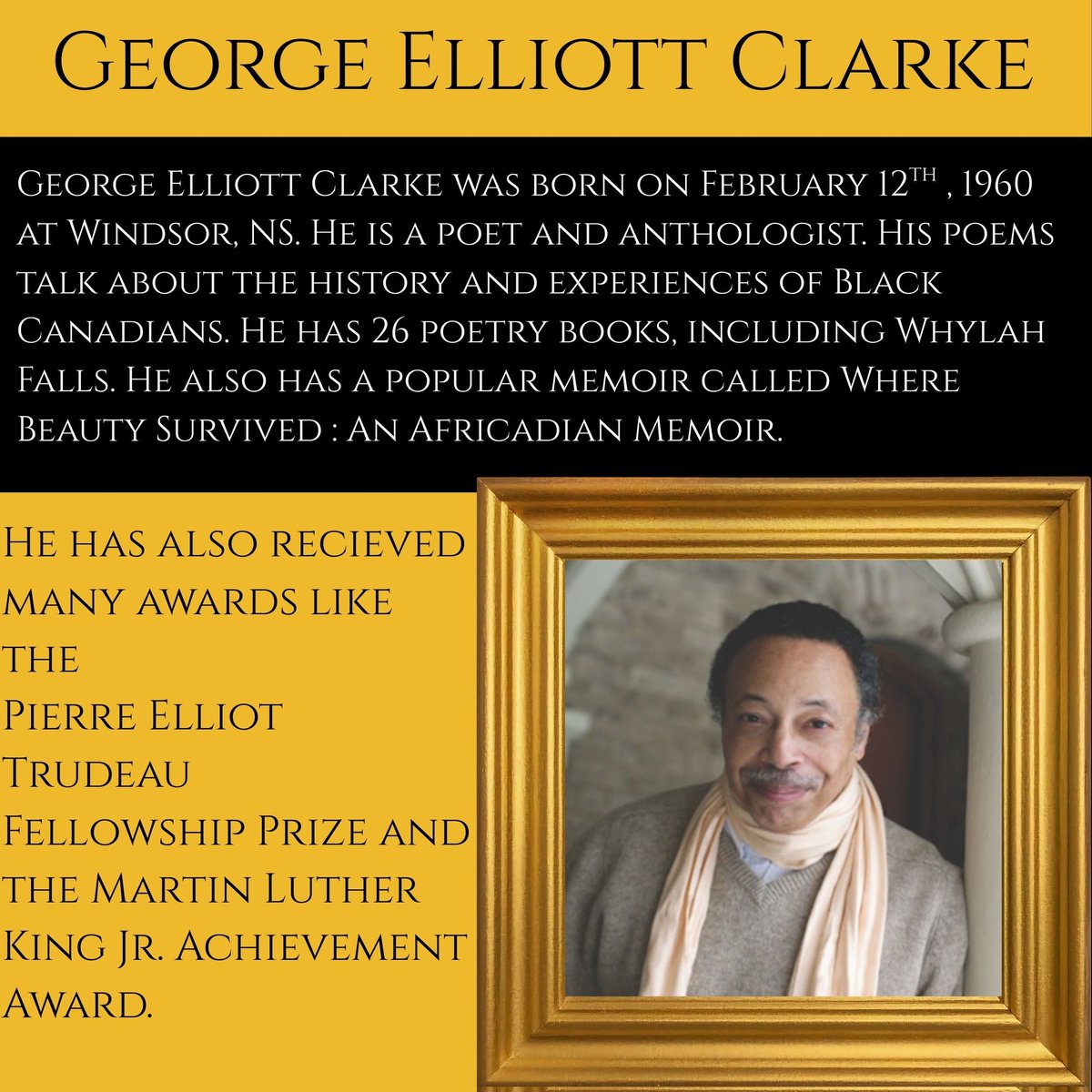 MrPsClassSEC's tweet photo. Noteworthy Canadians for Black History Month. 
George Elliott Clarke by Jayden
@campionchamps #BlackHistory #ShareBlackStories #BlackExcellence #Canada #BHM20206 https://t.co/SRlZLHWL2L