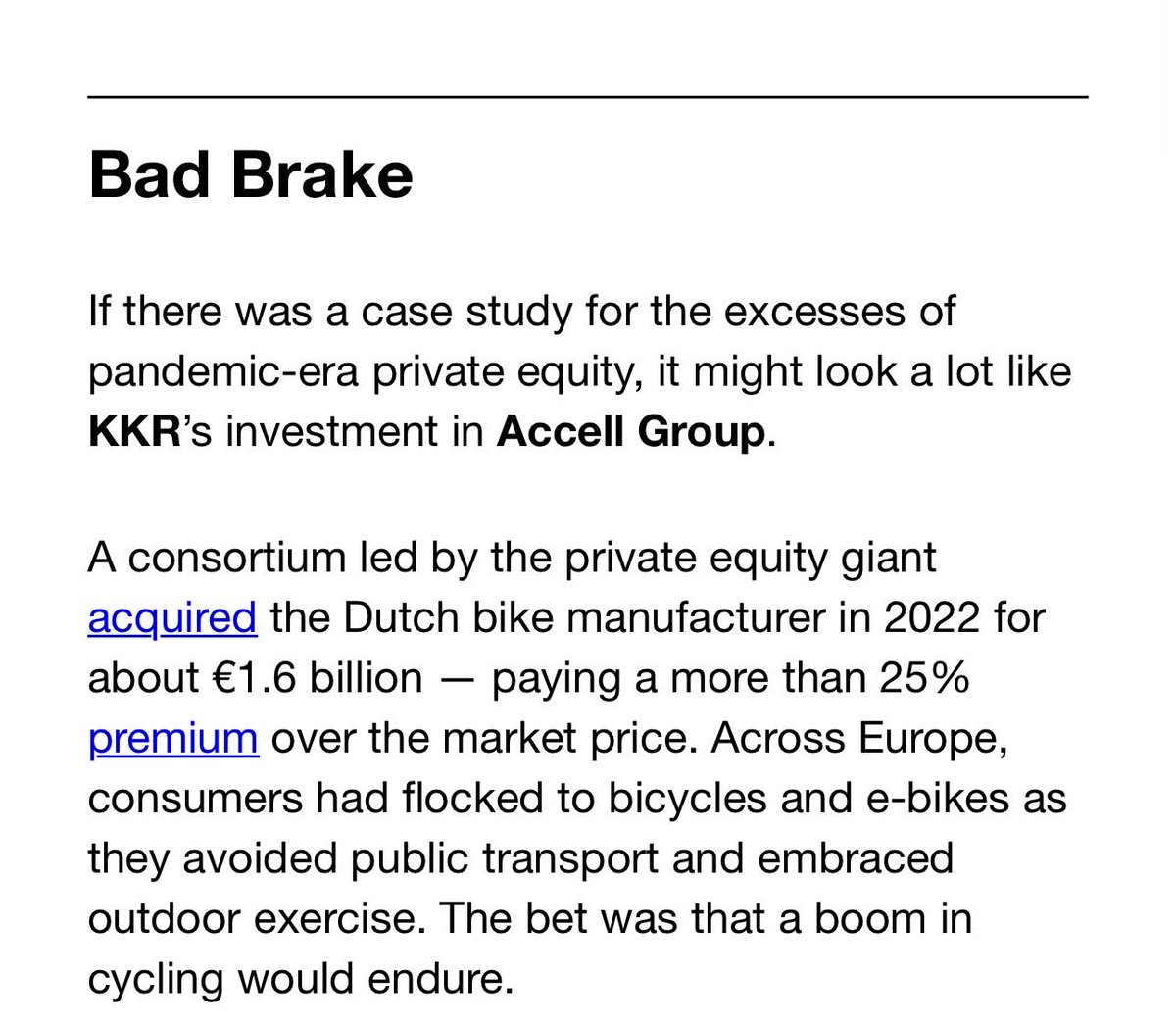 kshaughnessy2's tweet image. Private Equity Giant KKR Loses 
$1 Billion in Bike Buy Gone Bad 

“… This week, after investors had poured hundreds of millions more into the business, KKR said it would be handing the company over to its lenders, along with a parting cash injection — worth around €30 million