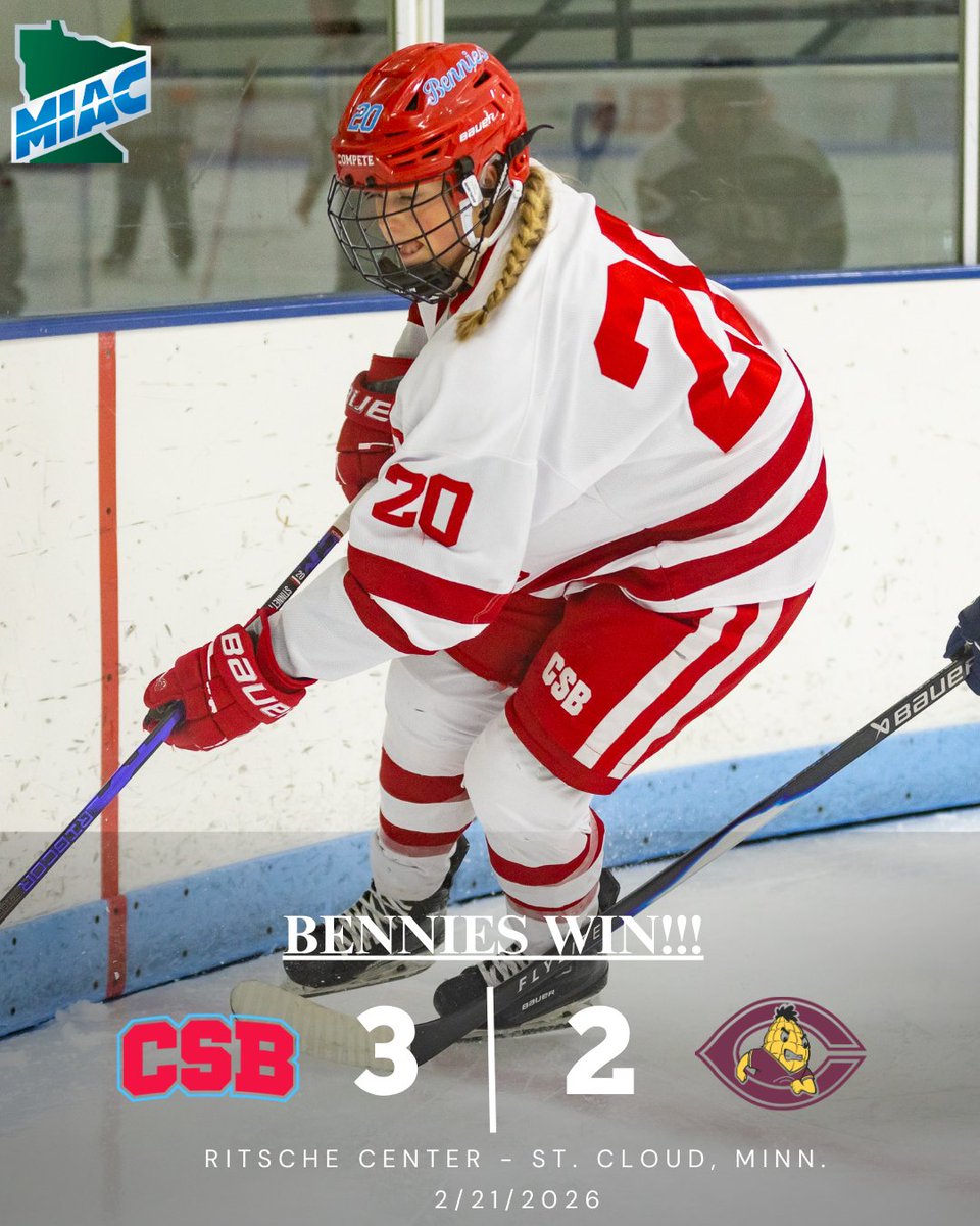 CSB_Athletics's tweet photo. BENNIES WIN!!! Junior Shae Stinnett scored two goals, including the game-winning score with 43 seconds left, to propel (RV) @csbhockey to a come-from-behind 3-2 win over Concordia-Moorhead at Ritsche Arena. The Bennies swept the Cobbers this weekend.

#BenniePride | #d3hky https://t.co/UVf1A4xYJI