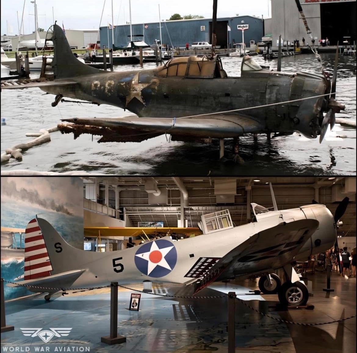 Before and after of an SBD-2 Dauntless that was recovered from Lake Michigan in 2009 and restored to its former glory. 🇺🇸