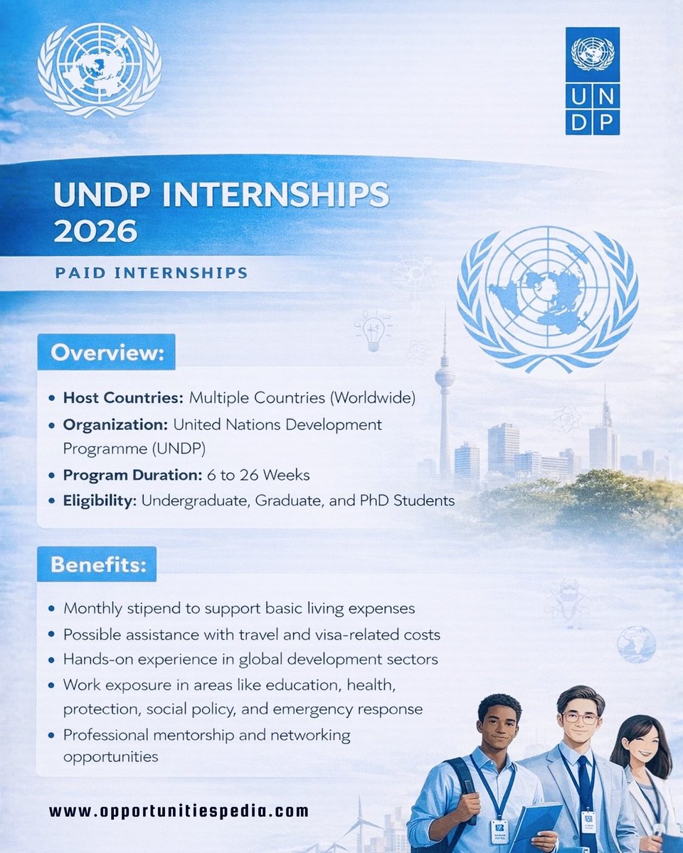 UNDP Internship Program 2026 | Paid / Funded | Global Opportunity

🏛️ Organization: United Nations Development Programme (UNDP)
📍 Locations: Worldwide (Country Offices &amp; Headquarters)
🎓 Internship Level: Bachelor’s, Master’s &amp; recent graduates
🌍 Open To: International students