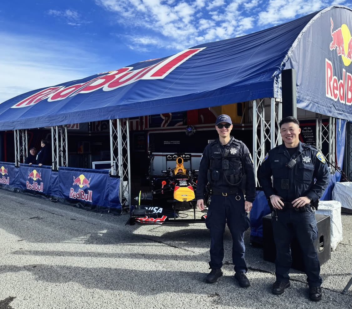 SFPD's tweet photo. Officers from @SFPDNorthern had a great time keeping everyone safe at today’s Red Bull Showrun! https://t.co/9MhMEepUKx