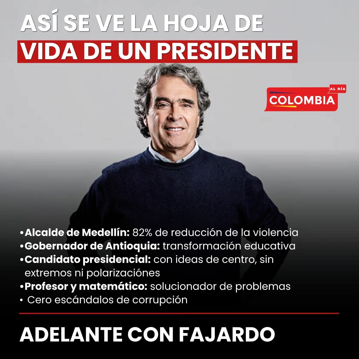 -La experiencia de Abelardo De La Espriella es: defender corruptos y bandidos.

-La experiencia de Iván Cepeda es: defender corruptos y bandidos.

-La experiencia del profe <a href="/sergio_fajardo/">Sergio Fajardo</a>: es la mejor de todas por donde se le mire.

Vamos Fajardo 💪
Es en 2026-2030 🦁