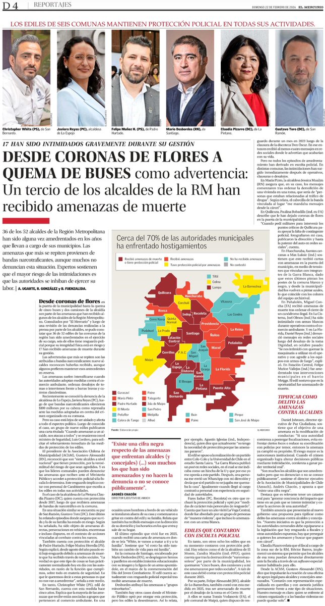 📰 Desde coronas de flores a quema de buses como advertencia:

🔴 Un tercio de los alcaldes de la Región Metropolitana han recibido amenazas de muerte