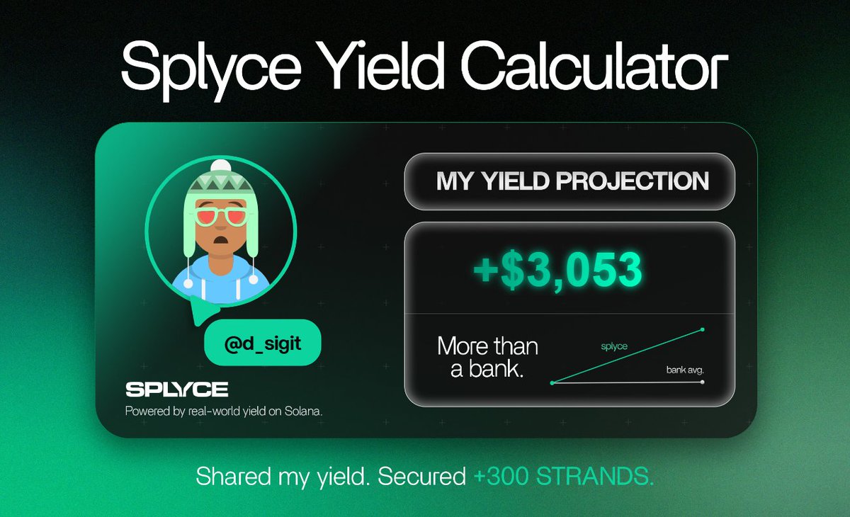 Just tested the real-world yield calculator from <a href="/SplyceFi/">Splyce Finance</a>.

My numbers came out +2,928.23% higher than leaving it in a bank.

Check yours: solana.splyce.finance/calculator?ref…