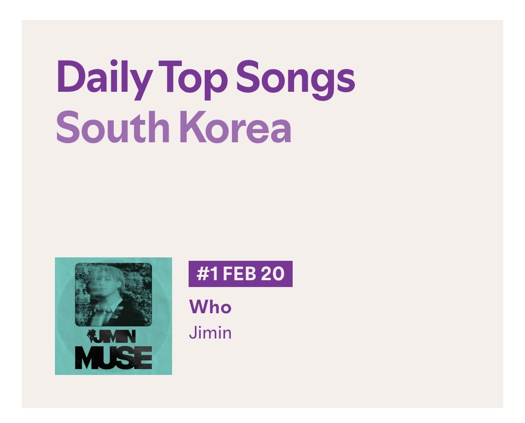 JIMIN_RECORD13's tweet photo. 지민의 "WHO"는 2026년 2월 20일 Spotify South Korea Daily Top Songs 차트에서 128,816 (+3,192) Filtered Streams로 1위를 유지하며 해당 차트에서 539일째 1위에 올랐습니다✨️

"WHO"는 해당 차트에서 539일간 1위에 오른 최초이자 유일한 노래입니다.

축하해요 지민 🎉 
감사합니다 한국팀 🇰🇷

#Jimin_Who #Jimin_MUSE 
#JIMIN #지민