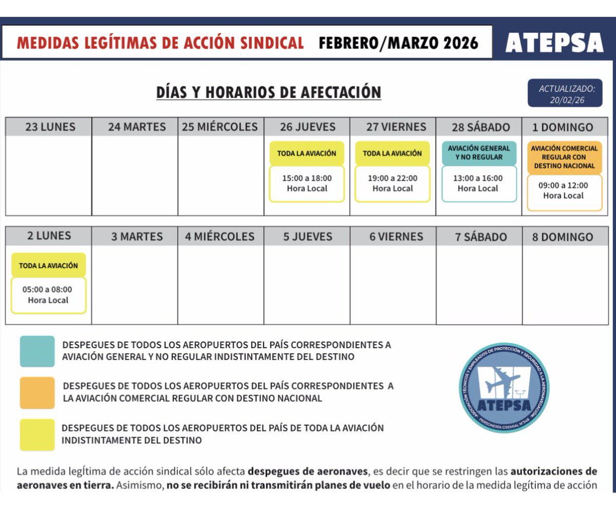 ℹ️ Nuevo paro de controladores aéreo 

Del 26/02 al 02/03 en distintas franjas horarias