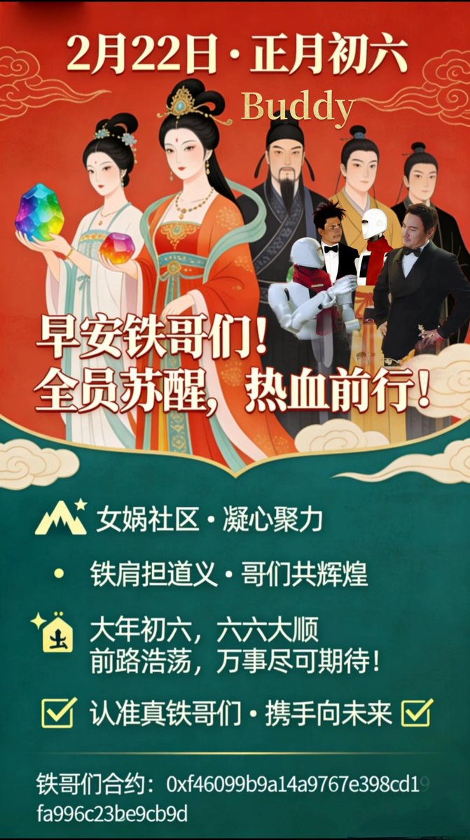 nuwashequ's tweet photo. 🟥 2月22日 · 正月初六 🟥
☀️ 早安铁哥们！全员苏醒，热血前行！
 
⛰️ 女娲社区 · 凝心聚力
🤜🤛 铁肩担道义 · 哥们共辉煌
 
🚀 大年初六，六六大顺
前路浩荡，万事尽可期待！
 
✅ 认准真铁哥们 · 携手向未来 ✅
 
💵🩸 铁哥们合约：
0xf46099b9a14a9767e398cd19fa996c23b2e9cb9d https://t.co/yIBSSsOKMT
