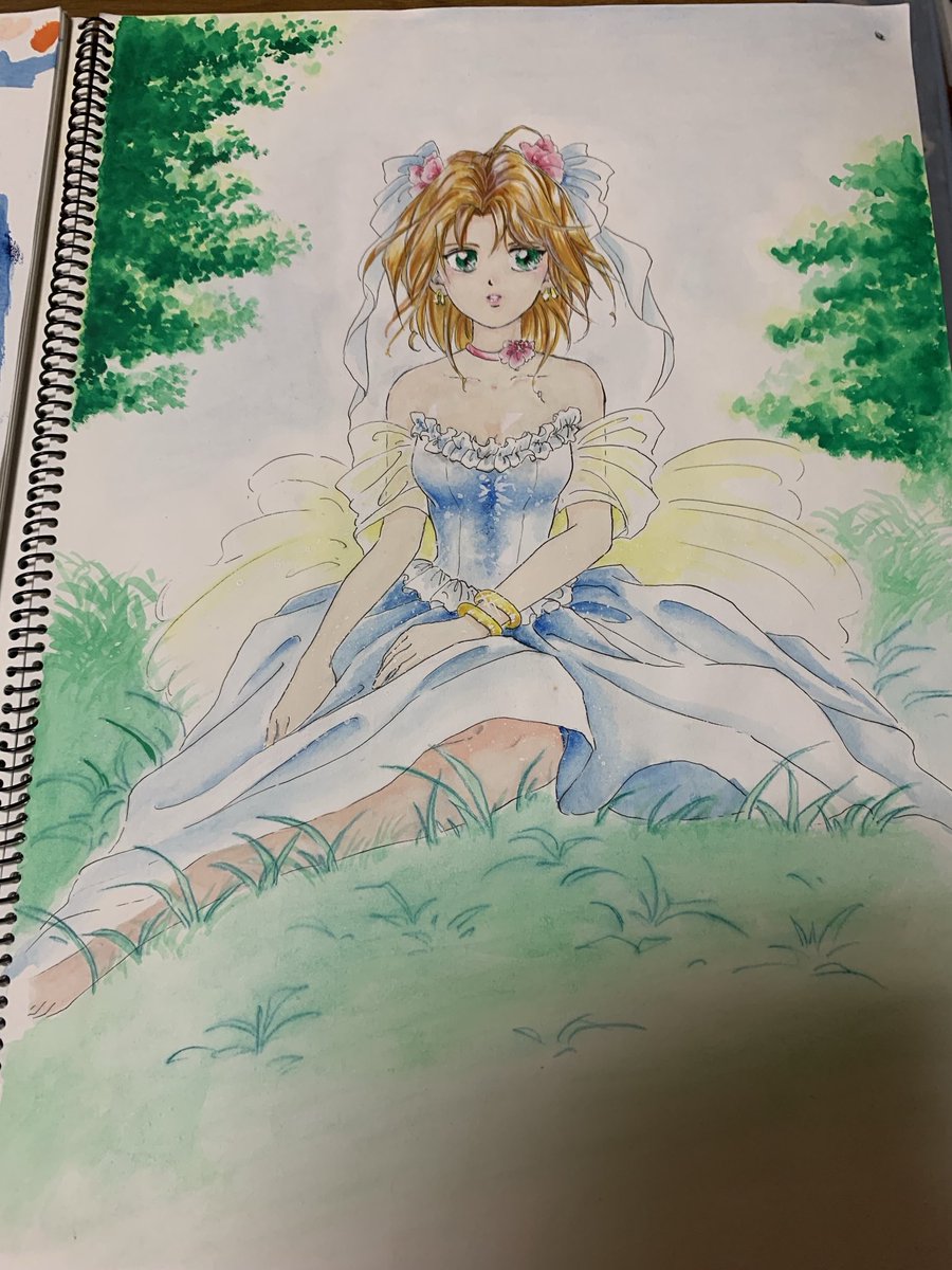昔のスケッチブック探してたら珍しく描いたカラー絵が出てきた
これ25年近く前の？
絵柄が当時っぽい🤭
不透明水彩で苦手意識持ちながら描いたブツ