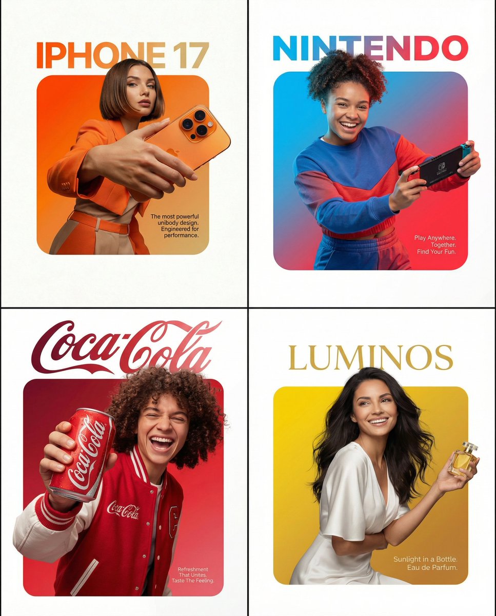 Banana Pro 

A professional high-end graphic design advertisement composition on a pure solid white canvas. Centered is a perfectly symmetrical, large solid rounded square (not a hollow frame). The entire interior of this square is filled with a smooth, vibrant color gradient fading from [Top-Left Color/Hex] to [Bottom-Right Color/Hex].

A [Description of Character] is positioned such that the bottom of their torso is perfectly flush and aligned with the very bottom edge of the square, leaving no thick colored border visible beneath them. Crucially, the person and their clothing maintain natural, realistic colors and textures, illuminated by professional studio lighting that is independent of the background gradient (preventing any color cast on their skin or clothes).

They are firmly and realistically gripping [Product Description]. Crucially, the top of their head and hair break the top boundary of the square, partially overlapping the white background. Their hands and the [Product Name] also break the side boundaries for a powerful 3D breakout effect, extending onto the white canvas.

Typography Layout: At the top, in the white space distinctly above the square with a clear gap, is the [Font Style] brand text '[Brand Name]' in [Top Text Color]. In the bottom-right corner, layered directly on top of the gradient inside the square, is a block of small, thin, clean [Bottom Text Color] descriptive text: '[Slogan/Tagline]'.

The lighting is [Lighting Type: e.g., Sharp/Soft], crisp, and commercial, emphasizing the textures of both the subject and the product."