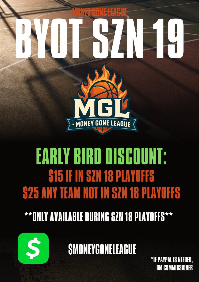 MoneyGoneLeague's tweet photo. Money Gone League has officially banned tempo shooting, effective next season (BYOT Szn 19). This decision was made to protect the integrity of Comp Pro-Am and prevent unfair advantages from zens and other emerging cheating methods. We are committed to maintaining a competitive and fair environment for all players. If 2K implements a reliable solution to eliminate these exploits, we will revisit the rule in the future. More details are available in the Discord server—thank you for your continued support and patience.

Sign up for next season NOW with the EARLY BIRD DISCOUNT!