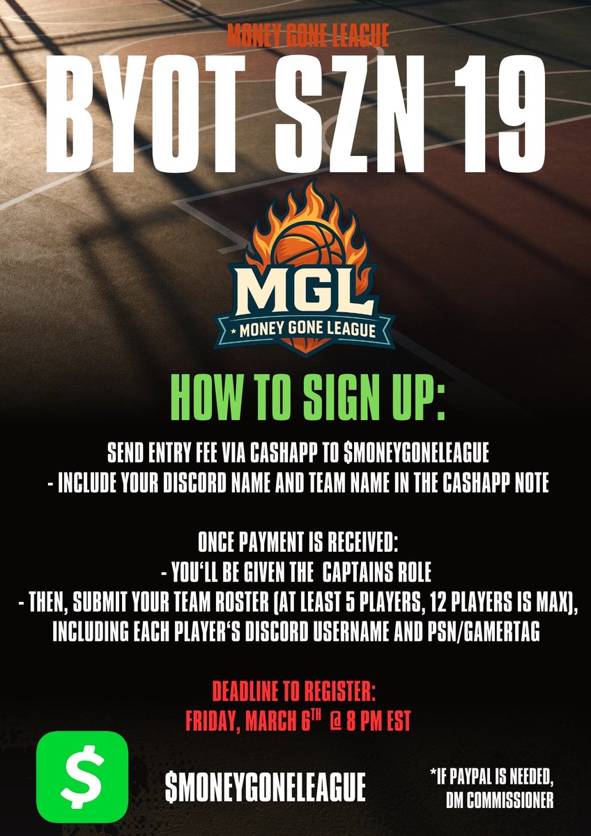 MoneyGoneLeague's tweet photo. Money Gone League has officially banned tempo shooting, effective next season (BYOT Szn 19). This decision was made to protect the integrity of Comp Pro-Am and prevent unfair advantages from zens and other emerging cheating methods. We are committed to maintaining a competitive and fair environment for all players. If 2K implements a reliable solution to eliminate these exploits, we will revisit the rule in the future. More details are available in the Discord server—thank you for your continued support and patience.

Sign up for next season NOW with the EARLY BIRD DISCOUNT!