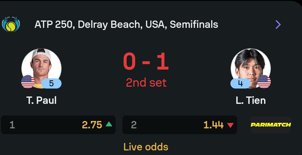 tennis_dog29's tweet photo. #tennislive
ATP 250 DELRAY BEACH USA 
PAUL VS TIEN 🇺🇸
OUR PICK PAUL FROM HERE 2.75 🏆

Today's Tennis in-play picks on Tele-g  https://t.co/pDdmx1gJQK

#tennis #atpdubai #GamblingX #atpdelray https://t.co/tDl9AMoX5H