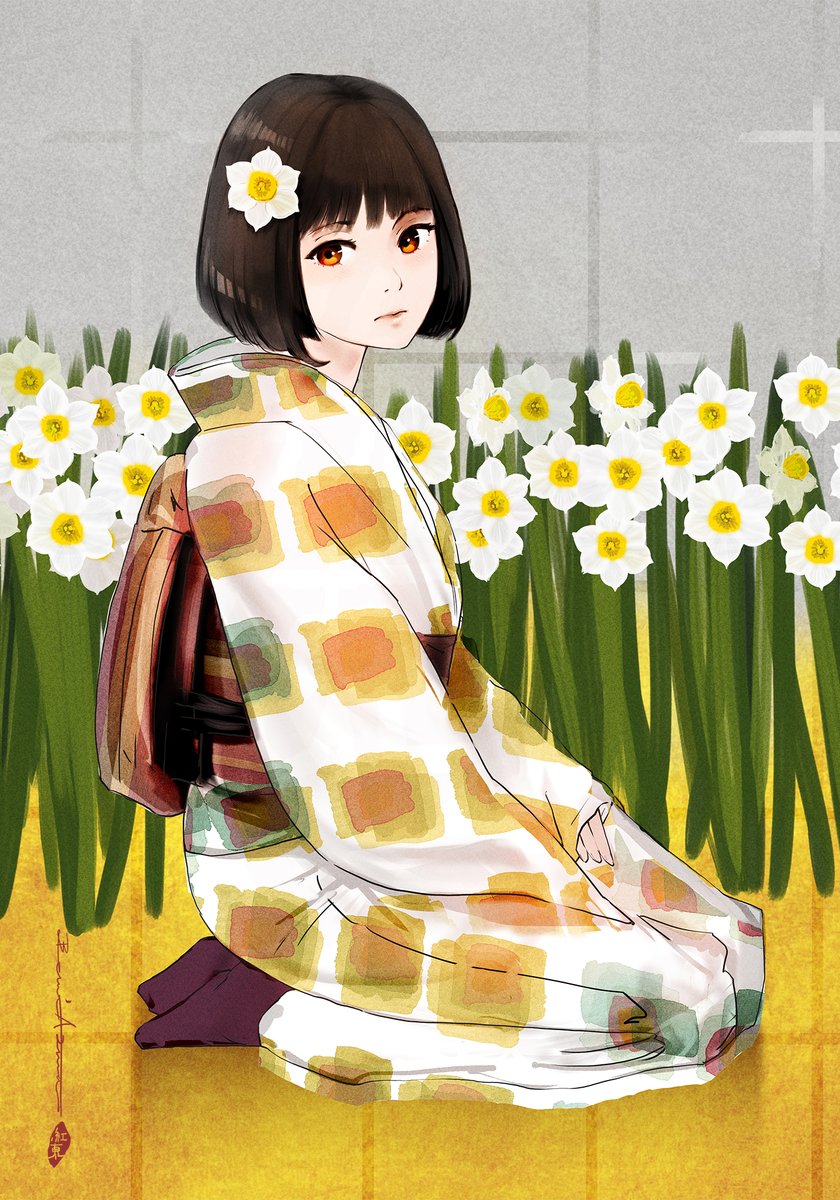 水仙と和服の少女
#イラスト #水仙