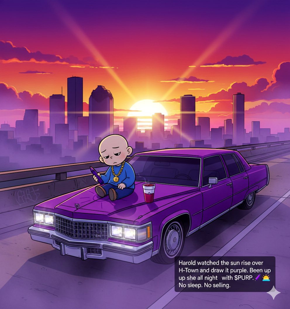 Harold watched the sun rise over H-Town and drew it purple. Been up all night with $PURP. 🌅🟣🖍️ No sleep. No selling. <a href="/DegenPurp/">Harold and the Purple Crayon ($PURP)</a>