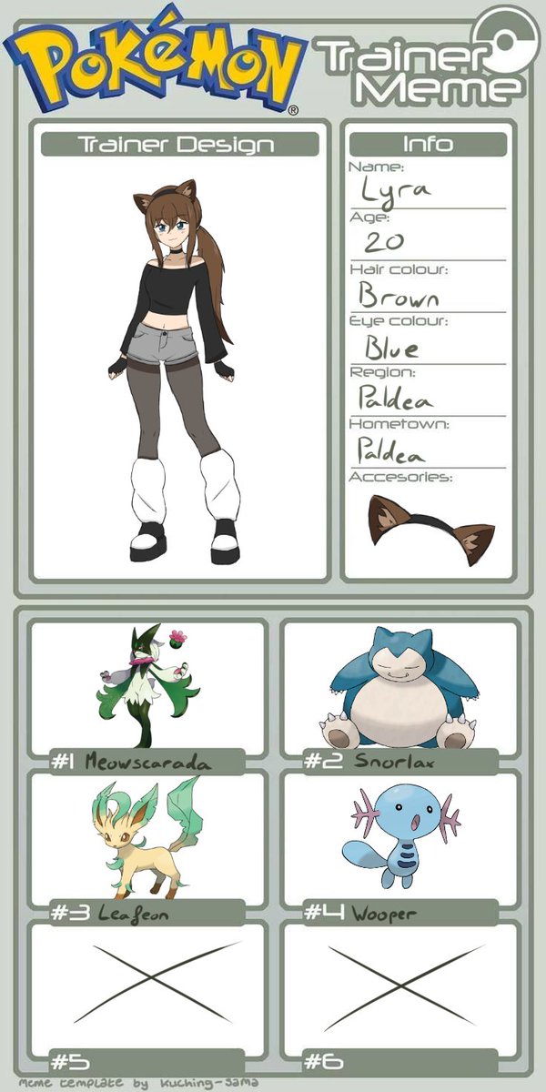 Lyra_Moon2's tweet photo. My oc in pokemon! (Yes the team is bad...but I love my pokemons!)

#pokemon #paldea #oc #meowscarada #snorlax #leafeon #wooper https://t.co/G64kYOrFld