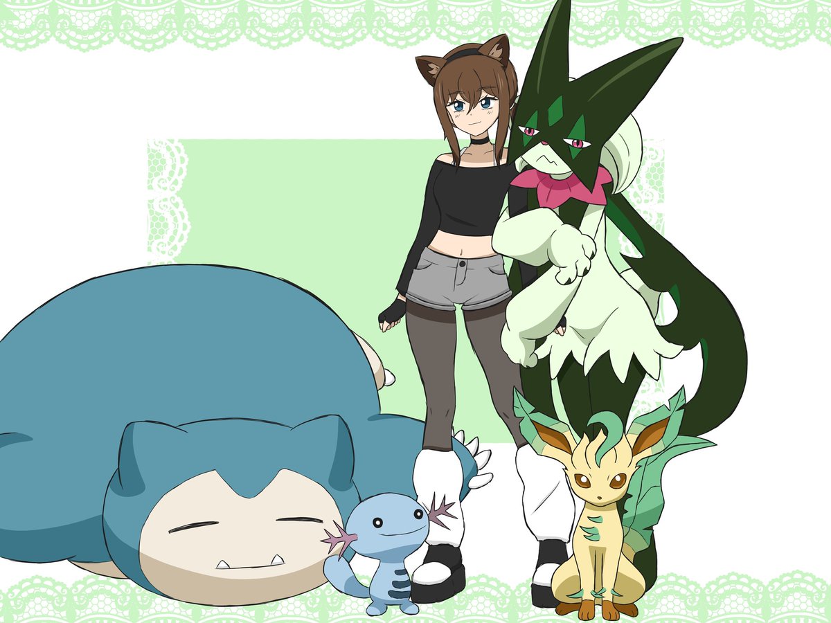 Lyra_Moon2's tweet photo. My oc in pokemon! (Yes the team is bad...but I love my pokemons!)

#pokemon #paldea #oc #meowscarada #snorlax #leafeon #wooper https://t.co/G64kYOrFld