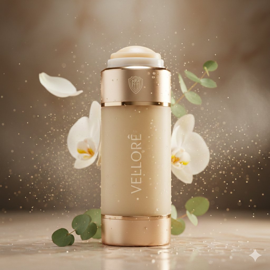 Pro on Gemini and GPT Image 1.5
;

{
  "master_prompt": {
    "product": {
      "type": "luxury body deodorant",
      "brand_name": "VELORÉ",
      "product_line": "Pure Aura",
      "container_style": "sleek cylindrical deodorant stick with softly rounded edges",
      "material": "frosted glass body with brushed champagne-gold metal accents",
      "finish": "velvety matte surface with refined metallic detailing",
      "cap_design": "magnetic cap with polished gold rim and engraved crest",
      "branding": "minimal serif logo etched vertically with understated elegance",
      "dispense_style": "precision twist-up deodorant balm with smooth surface finish",
      "color": "warm ivory body with subtle golden undertones",
      "accent_details": "champagne gold band and minimal crest emblem",
      "texture_details": "soft satin deodorant balm surface visible at top"
    },

    "composition": {
      "scene_type": "ultra-cinematic luxury personal care advertising photography",
      "orientation": "vertical",
      "aspect_ratio": "4:5",
      "camera_angle": "low hero angle emphasizing elegance and premium form",
      "subject_position": "deodorant standing upright on reflective surface",
      "motion": "fine mist spray particles suspended mid-air for freshness effect"
    },

    "environment": {
      "background": "soft warm marble gradient fading into shadow",
      "atmosphere": "light spa mist creating a serene premium ambiance",
      "floating_elements": [
        "delicate mist particles suspended in air",
        "white orchid petals drifting gently",
        "tiny golden light particles shimmering softly",
        "fresh eucalyptus leaves floating nearby",
        "soft vapor trails suggesting freshness"
      ],
      "surface_effects": "glossy reflections with micro condensation droplets enhancing freshness"
    },

    "lighting": {
      "style": "soft spa-inspired studio lighting",
      "key_light": "diffused overhead light revealing frosted texture",
      "rim_lights": "subtle warm highlights outlining silhouette",
      "accent_lights": "soft golden glow enhancing luxury appeal",
      "shadow_depth": "gentle shadows for calm elegance",
      "contrast": "balanced contrast with luminous clean highlights"
    },

    "color_palette": {
      "primary_colors": ["warm ivory", "soft cream", "clean white"],
      "accent_colors": ["champagne gold", "botanical green"]
    },

    "camera_settings": {
      "lens": "macro cinema lens",
      "depth_of_field": "shallow depth isolating product",
      "focus_point": "engraved logo and frosted glass texture",
      "bokeh": "soft luminous bokeh from mist particles",
      "detail_capture": "extreme micro-detail clarity"
    },

    "render_quality": {
      "resolution": "8K ultra high definition",
      "render_style": "hyper-realistic luxury personal care commercial render",
      "material_physics": "accurate frosted glass translucency and metallic reflections",
      "particle_simulation": "physically accurate mist and condensation droplets",
      "textures": "ultra-detailed frosted glass, metallic accents, and balm surface",
      "sharpness": "tack sharp product focus with soft cinematic background",
      "noise": "none",
      "artifacts": "none"
    },

    "mood": {
      "tone": "pure, refined, and ultra-premium",
      "emotion": "freshness, confidence, and indulgent self-care luxury"
    },

    "final_output": {
      "usage": "luxury personal care campaign and premium wellness advertising",
      "branding_focus": "hero product freshness with elite wellness appeal",
      "visual_style": "cinematic luxury spa aesthetic"
    }
  }
}