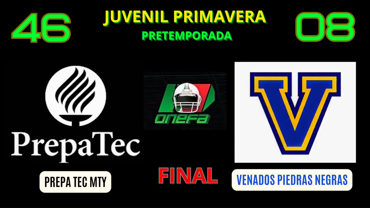 *ONEFA: Pretemporada Juvenil de Primavera 2026*

Estos fueron los resultados registrados hoy en la práctica conjunta (jugada a dos cuartos entre Perros Negros y Gamos UMA), así como en los dos scrimmage, todos ellos correspondientes a esta categoría.