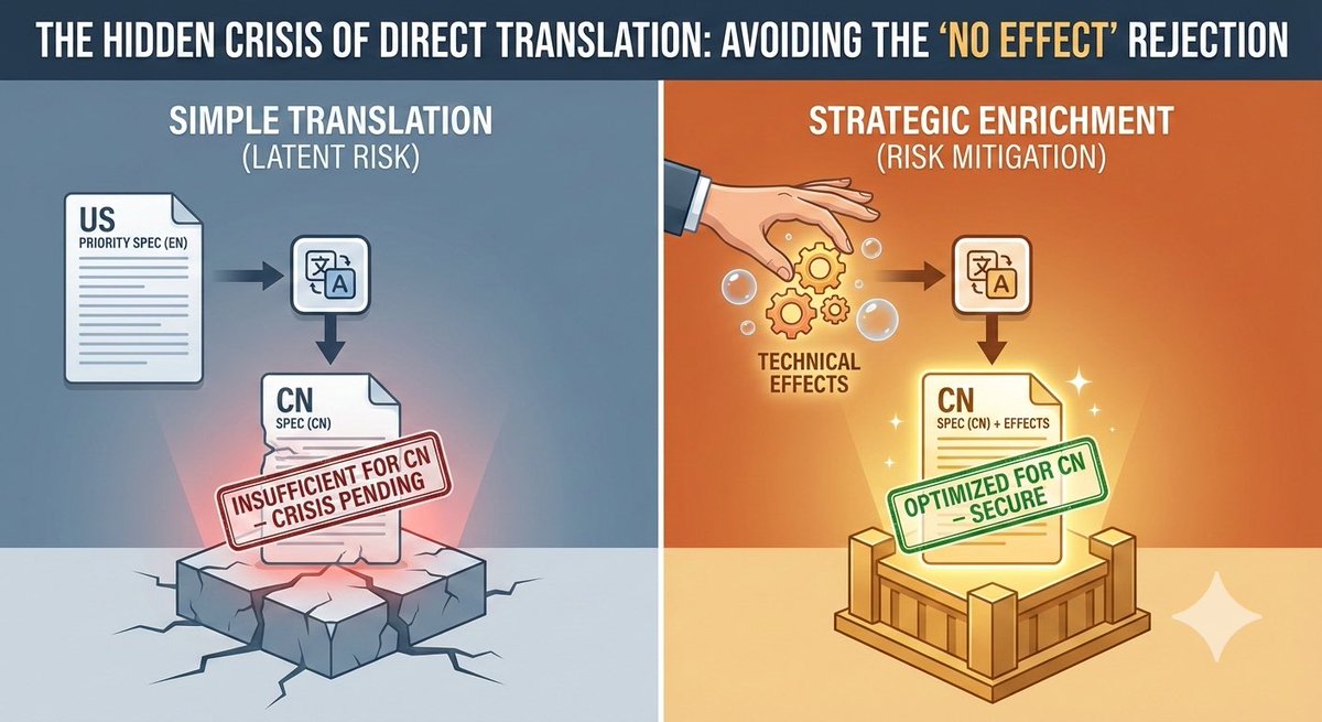 Patent_Go's tweet photo. This hidden crisis often hits when filing in CN via the Paris Convention, claiming US priority with the EXACT same spec! 🚨
My advice? Don't just translate EN to CN. Use this stage to slightly enrich the text—especially by explicitly detailing "technical effects." 🛡️
#PatentGo https://t.co/CdUaegV1Hh