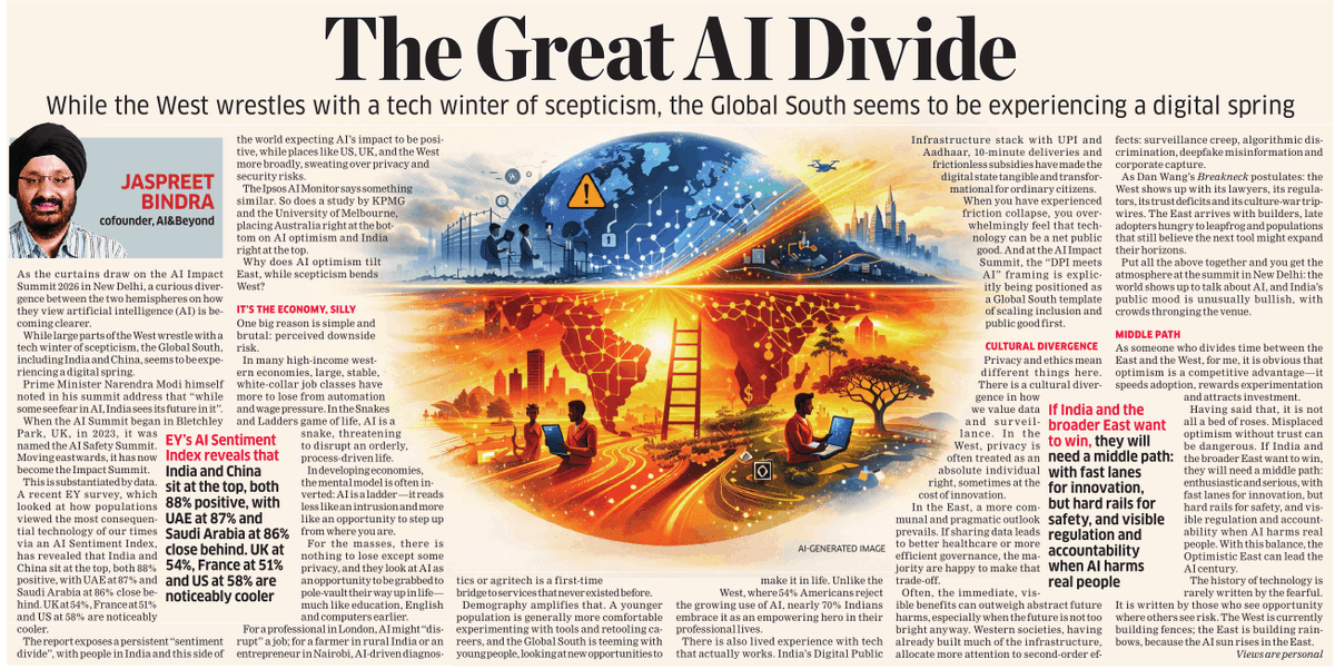 j_bindra's tweet photo. Even as the world converged in the #AIImpactSummit  in New Delhi, not all of them look at this technology in the same way.

In the Snakes and Ladders game of AI, the people in the West see AI as a snake, in the East, including India, it is a ladder.

The reasons are clear: the East has a lot less to lose, it has more young people, think differently of privacy, and many of tasted the fruits of technology at population scale.

I explore this curious divergence in the @EconomicTimes  today, speculating on why the AI sun will rise in the East.

@anujmagazine @ArchanaMuthappa @AIBeyondAI @Utopiandevil
